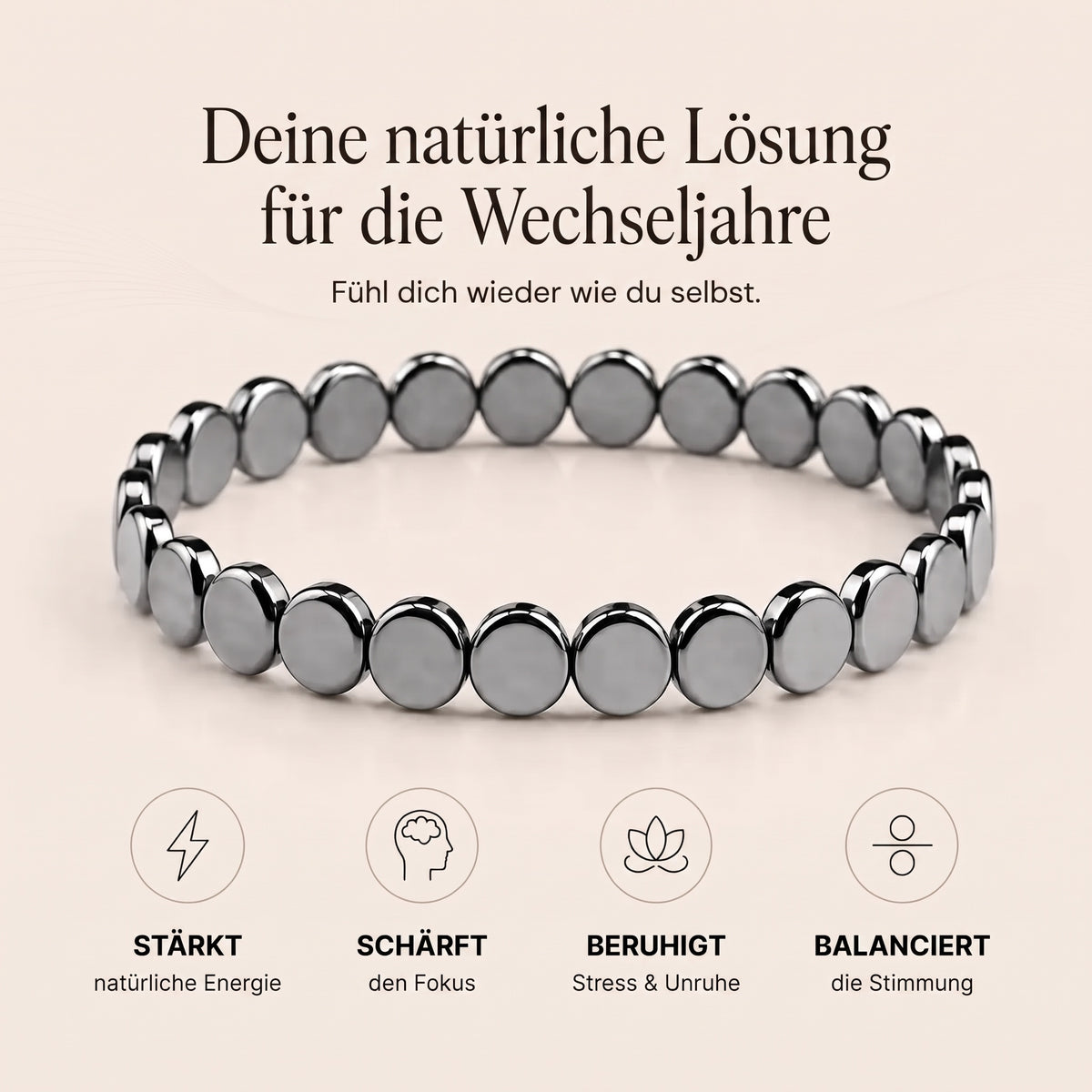 AITO Hämatit-Armband mit Grafik zu Energie, Fokus und Ruhe